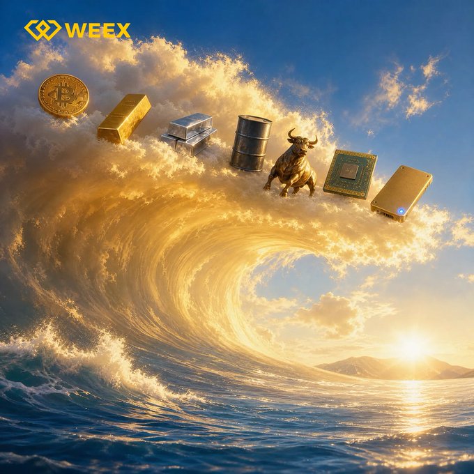 The image, featuring the "WEEEX" logo, depicts a massive golden wave crashing through clouds with various financial assets including a Bitcoin, gold bars, silver bars, an oil barrel, a bull statue, a microchip, and a smartphone emerging from it. The powerful wave metaphorically represents deep liquidity and surging market momentum, perfectly complementing the post's message about trading stocks on WEEX.