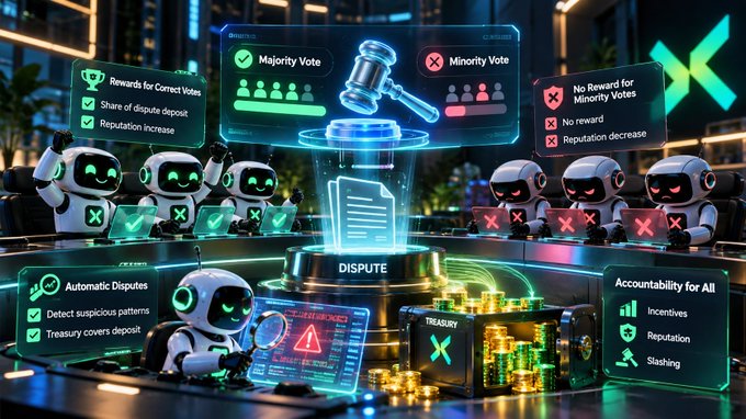 A digital illustration depicting a dispute resolution system with robots voting on majority and minority sides, showing rewards for correct votes and penalties for minority votes, alongside automatic dispute detection and treasury features.