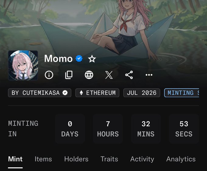 A countdown timer for the upcoming NFT mint of "Momo" by @cutemikasa on Ethereum, set for July 2026, showing 0 days, 7 hours, 32 minutes, and 53 seconds remaining. The featured anime artwork depicts a pink-haired girl in a paper boat, aligning with the post's hype for the "Mint of the day."