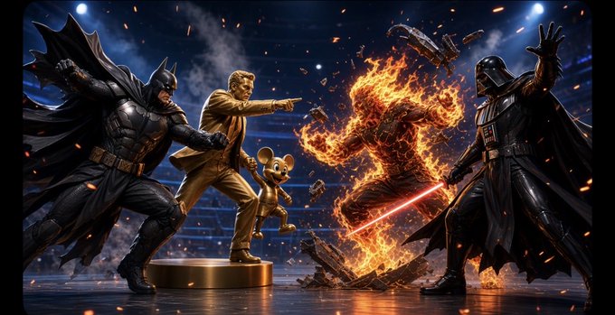 A digital artwork showing Batman and a man in a tan suit with a Mickey Mouse-like character pointing at a fiery figure facing Darth Vader with a red lightsaber.