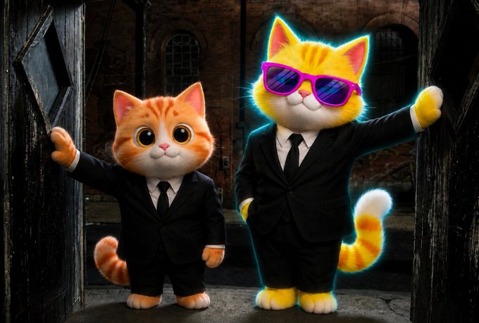 The image features two cartoon cats dressed up as humans, wearing suits and sunglasses. One cat has a black suit with a tie, while the other cat wears a yellow suit with a tie. Both cats are standing next to each other, posing for the camera. The background of the image is dark, which contrasts with the bright colors of the cats' outfits. There is also text in the image that reads "Cats in Black When the neuralyzer hits different... One’s just trying to pay rent. The other’s been blasting cosmic jazz and glowing since 3am." This suggests a humorous or whimsical theme for the image, with the cats dressed up as humans engaging in unusual activities together.