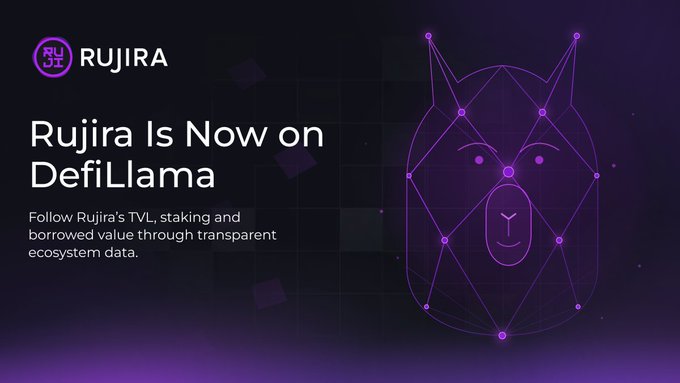 Purple promotional banner for Rujira announcing its listing on DefiLlama, featuring a geometric fox-like logo made of connected dots.