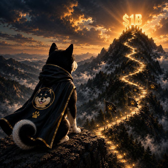 Digital artwork of a black and white dog wearing a cape with paw print emblems, sitting on a cliff edge and looking toward a glowing mountain path leading to a '$1B' sign.