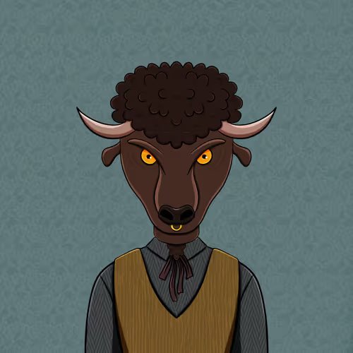 A digital illustration of an anthropomorphic bull character with curly brown hair, curved horns, and a nose ring, dressed in a vest and tie, set against a teal patterned background. The image relates to the accompanying post by serving as the artwork for the "Horned Baron" NFT collection mint announcement on @base at 5PM UTC, with the bull's regal attire and intense gaze embodying the "baron" theme.