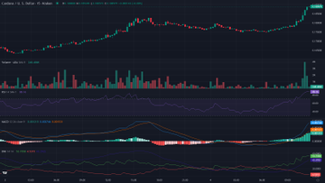 TradingView financial chart displaying a candlestick price chart with multiple technical indicators including RSI, MACD, and volume bars on a dark theme.