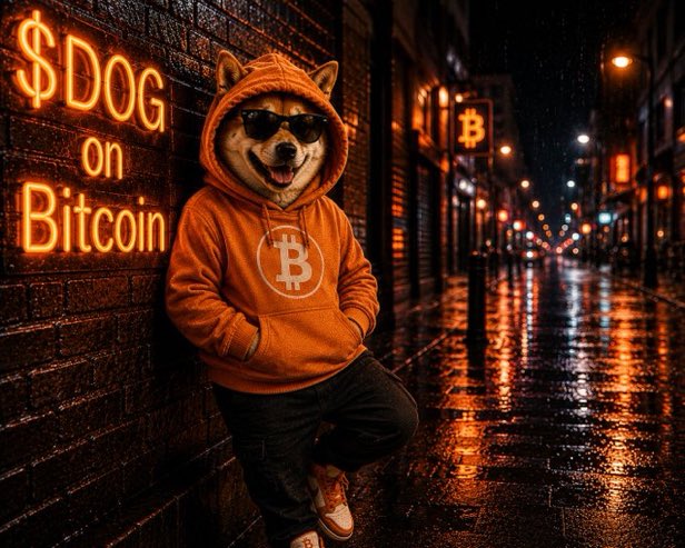 A Shiba Inu dog wearing an orange Bitcoin-logo hoodie and sunglasses leans against a brick wall beside a glowing "$DOG on Bitcoin" neon sign on a rainy nighttime street. The image visually promotes the $DOG meme token by blending its Shiba Inu mascot imagery with Bitcoin branding, reinforcing the post's ticker reference.