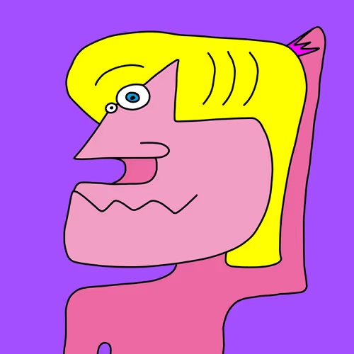 A crude digital drawing of a pink-skinned character with bright yellow hair and large blue eyes on a purple background. The figure has an exaggerated mouth open in what appears to be a shout or expression of surprise.