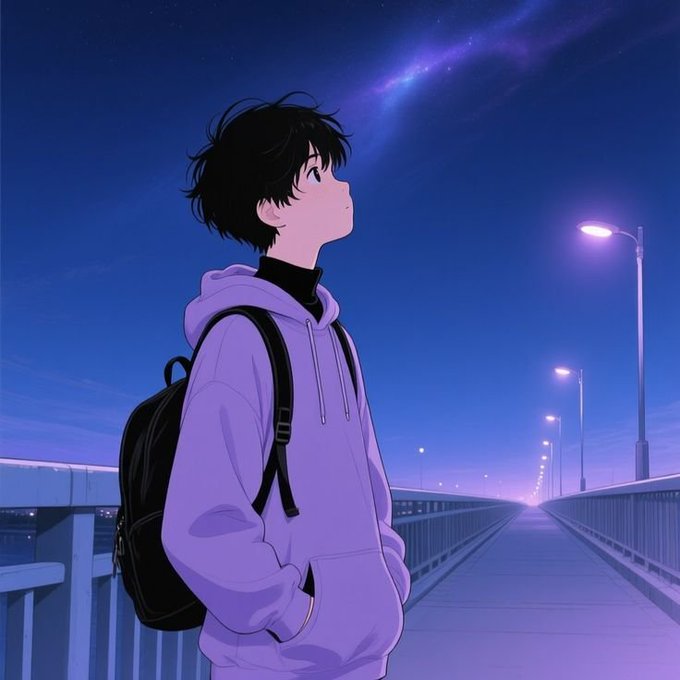 An anime-style illustration depicts a young boy in a purple hoodie and black backpack looking up at a starry night sky while standing on a bridge lined with streetlights.