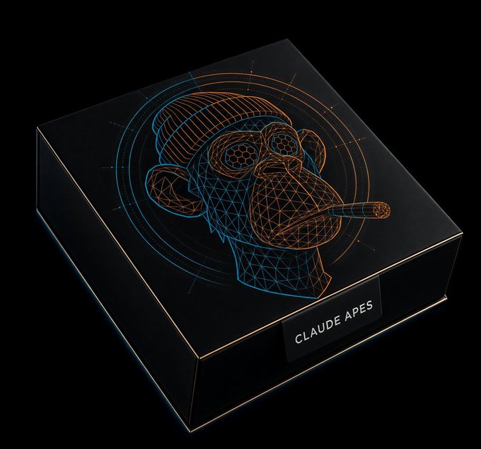 A stylized 3D render of a black box featuring a wireframe illustration of a smoking monkey wearing sunglasses and a beanie, with the text "CLAUDE APES" on the side.
