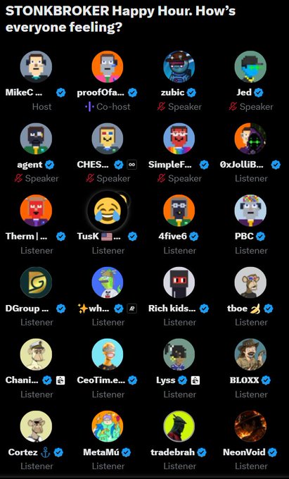 A 'STONKBROKER Happy Hour' voice chat interface displaying a grid of participants as pixel art avatars with their usernames and roles (Host, Co-host, Speaker, Listener).