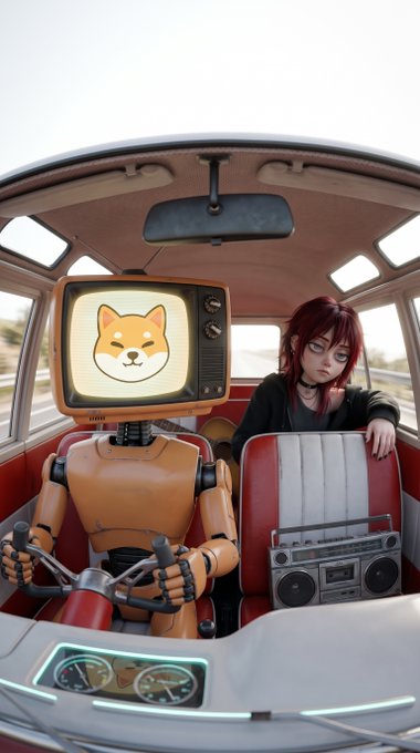 An anime-style digital illustration showing a red-haired character with glasses sitting in a van next to a robot with a vintage television for a head displaying a Shiba Inu dog face.