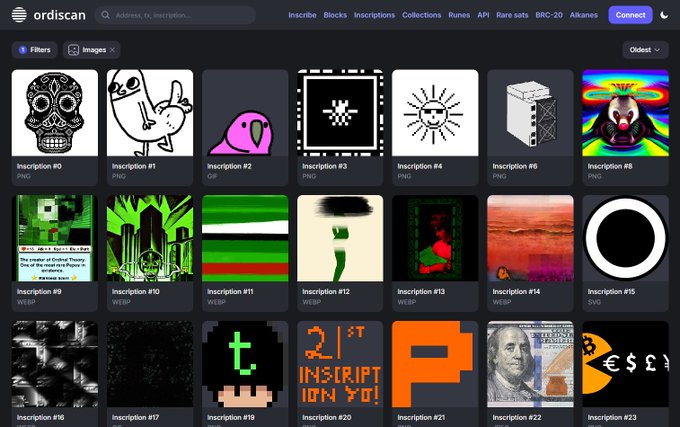A screenshot of the 'ordiscan' website showing a gallery of various digital inscriptions and images, including a skull, a crying face, and text-based art.