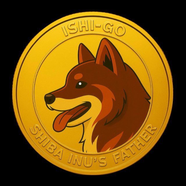 A gold coin illustration featuring a Shiba Inu dog with text 'ISHI-GO' at the top and 'SHIBA INU'S FATHER' at the bottom, set against a black background.