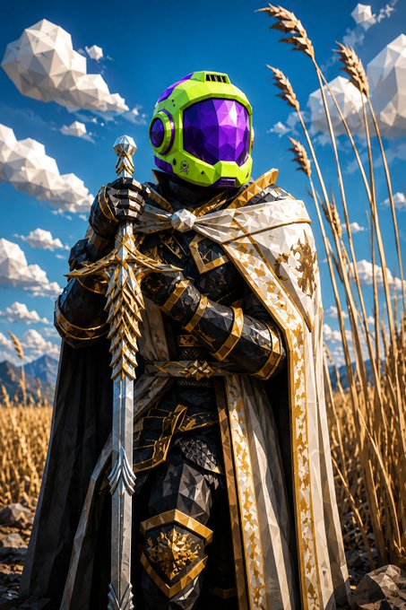 A fantasy digital artwork of a knight in ornate black and gold armor with a purple and green helmet, holding a sword in a wheat field under a blue sky.