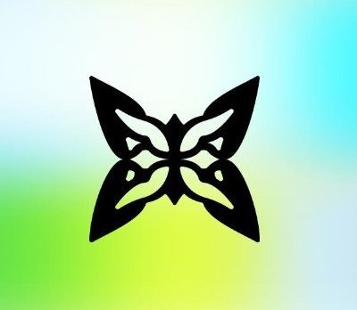 urn of a butterfly with black wings and a white body, set against a gradient background.