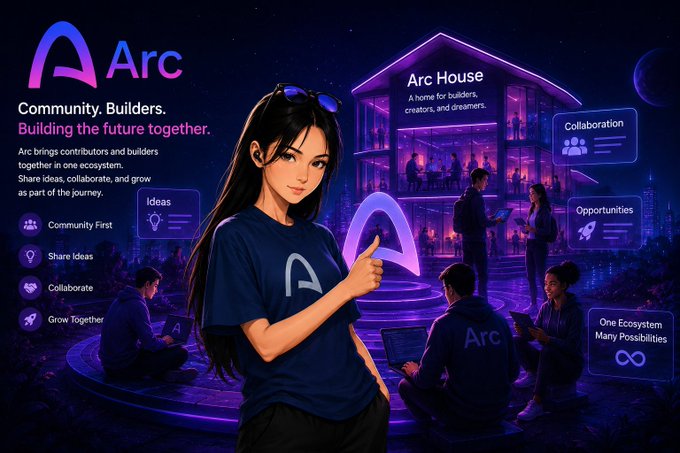 The image features a woman wearing a blue shirt with the letter "A" on it, standing next to a building. The building has purple lights around its edges, giving it an otherworldly appearance. In front of her, there are several people sitting or standing in various positions, suggesting that they might be working together on a project related to the Arc platform.