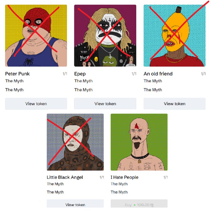 An NFT marketplace listing displays five cartoon character tokens from the collection 'The Myth' (Peter Punk, Epep, An old friend, Little Black Angel, I Hate People), with four marked with red X's and the final one available to buy for 100.00 tS.