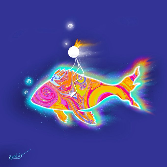 A vibrant psychedelic digital illustration features a colorful fish with swirling orange, pink, and yellow patterns alongside a small stick-figure-like character with a crown against a deep blue starry background, signed 'Rowan' in the bottom left.
