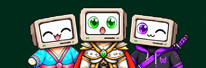 Three cartoon characters with computer monitor heads featuring cute faces wear different outfits including robes and hoodies.