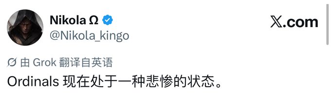 A screenshot of a tweet from verified user Nikola (@Nikola_kingo), translated from English by Grok, stating "Ordinals 现在处于一种悲惨的状态" ("Ordinals are now in a miserable state"), reflecting the broader post about frustration within the Bitcoin Ordinals community following the Puppet founder deleting their account and Magic Eden shutting down.