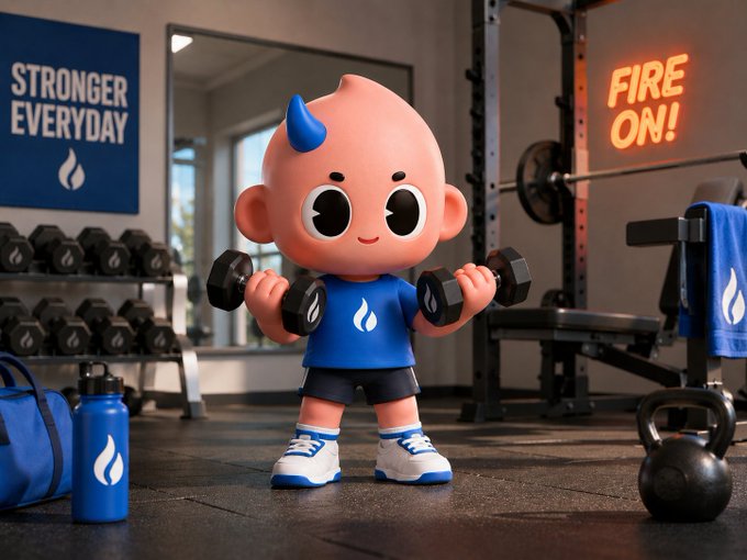 A 3D-rendered cartoon character with a blue flame-like tuft of hair lifts dumbbells in a gym setting, surrounded by fitness equipment and motivational signs reading 'STRONGER EVERYDAY' and 'FIRE ON!'.