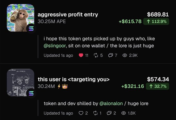 Two crypto token entries from a trading platform showing 'aggressive profit entry' with 30.25M APE and a +$615.78 gain (112.9% up), and 'this user is <targeting you>' with 30.24M and a +$321.16 gain (32.7% up), both referencing Solana ($slingoor and @alonalon).