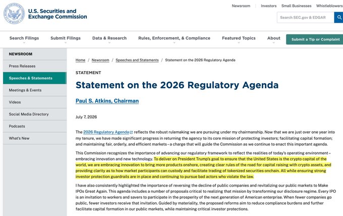 A screenshot of the U.S. Securities and Exchange Commission website showing a 'Statement on the 2026 Regulatory Agenda' by Chairman Paul S. Atkins, dated July 7, 2026, outlining goals to make the US the 'crypto capital of the world.'