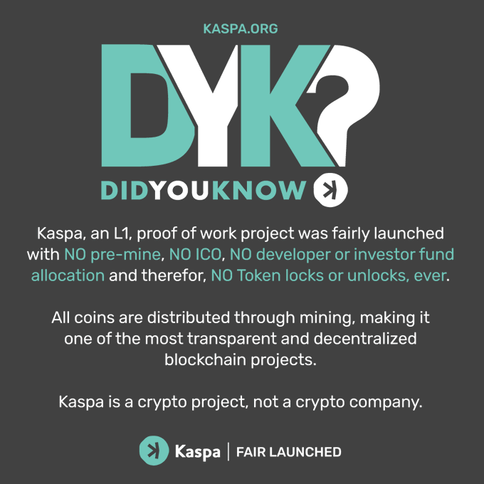 A dark infographic from KASPA.ORG with a 'DYK? DIDYOUKNOW' header, explaining that Kaspa was fairly launched with no pre-mine, no ICO, no developer or investor fund allocation, and no token locks, labeling it as 'Kaspa | FAIR LAUNCHED'.