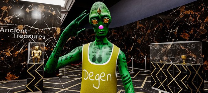 A green-skinned zombie figure wearing a yellow tank top labeled 'Degen' poses inside a luxurious 'Ancient Treasures' marble-walled room displaying golden artifacts.