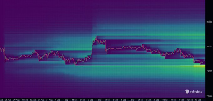 A cryptocurrency price chart from coinglass displaying price movements over time with heatmap-style background.