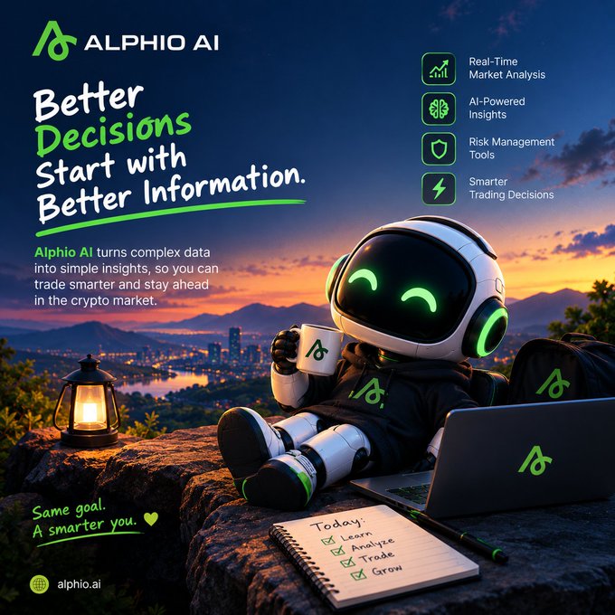 The advertisement features Alphio AI's mascot robot relaxing on a rocky overlook at sunset with a city skyline, holding a branded mug beside a laptop and a notebook listing "Today: Learn, Analyze, Trade, Grow." The image aligns with the post's message of mindful, informed trading, reinforcing the tagline "Same goal. A smarter you." and highlighting features like "Real-Time Market Analysis," "AI-Powered Insights," "Risk Management Tools," and "Smarter Trading Decisions."