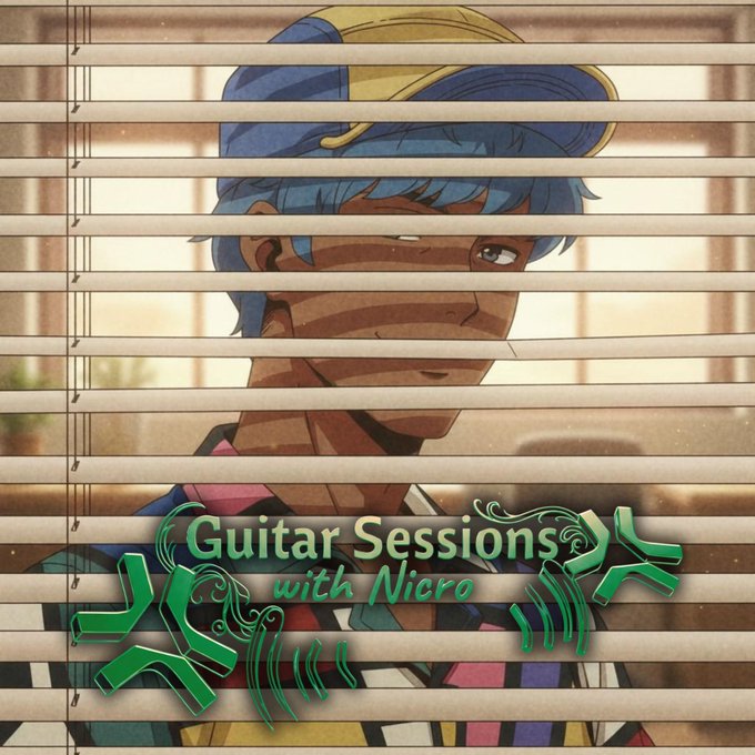 An anime-style illustration of a blue-haired character seen through window blinds, with the title text 'Guitar Sessions with Nicro' displayed in green.