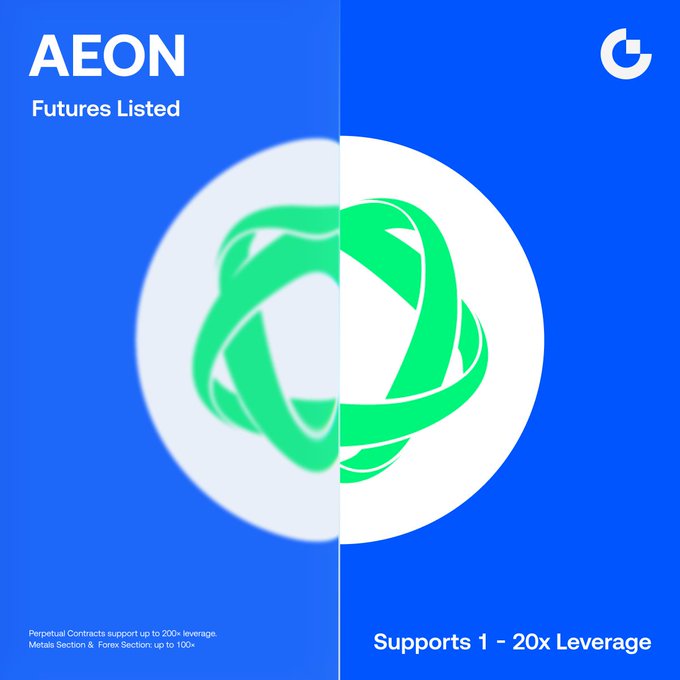 A promotional graphic announcing AEON's futures listing on Gate.io, featuring a green abstract logo and the trading pair AEON/USDT with 1-20x leverage support.
