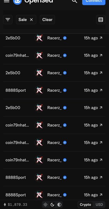 A mobile screenshot of OpenSea filtered by "Sale," displaying a repetitive list of NFT transactions all from seller "Racerz_" (with a verified blue checkmark) to various buyers including "2e5b00," "coin79nhat...," and "8888Sport," with each listing valued at approximately $1,870.33 and timestamped "15h ago." The image visually supports the post's shoutout to @Racerz_eth by showing multiple recent whale-level purchases from that account.