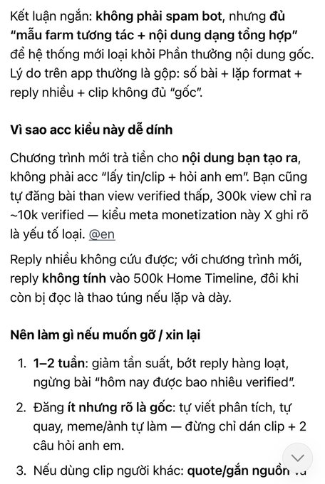 A screenshot of Vietnamese text discussing content monetization, spam bots, and advice on avoiding penalties, mentioning concepts like 'view verified', 'reply', and quoting sources.