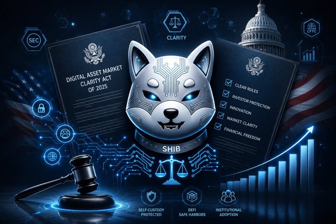 This image is a political poster with an overlay of the Shiba Goobart. The poster features a blue background with various elements such as a book, the Shiba Goobart logo, a gavel, and a courthouse. The caption suggests that the Digital Asset Market Clarity Act was passed by the Senate Banking Committee (Senate Budget Committee), which indicates progress in the fight for clarity of the digital asset market. The bill is titled "The CLARITY Act", and it aims to address issues related to digital assets like cryptocurrency, ICOs (Initial Coin Offerings), and smart contracts. It also focuses on self-custody protection for digital assets, ensuring that they are not easily controlled or manipulated by governments or corporations. The post emphasizes the progress being made in this area of law, as shown through the passage of the Digital Asset Market Clarity Act.