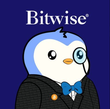 A "Bitwise" logo (with a registered trademark symbol) appears above a cartoon penguin mascot dressed in a tuxedo with a monocle, set against a dark blue background—imagery that accompanies news of Bitwise purchasing $1.17M in $LINK from Wintermute and growing bullish sentiment around Chainlink ETF inflows.
