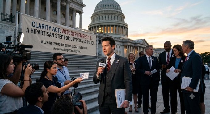 AI-generated image of a press conference on the U.S. Capitol steps with a banner reading "CLARITY ACT: VOTE SEPTEMBER 15. A BIPARTISAN STEP FOR CRYPTO & US POLICY," showing reporters and politicians gathered around a speaker.