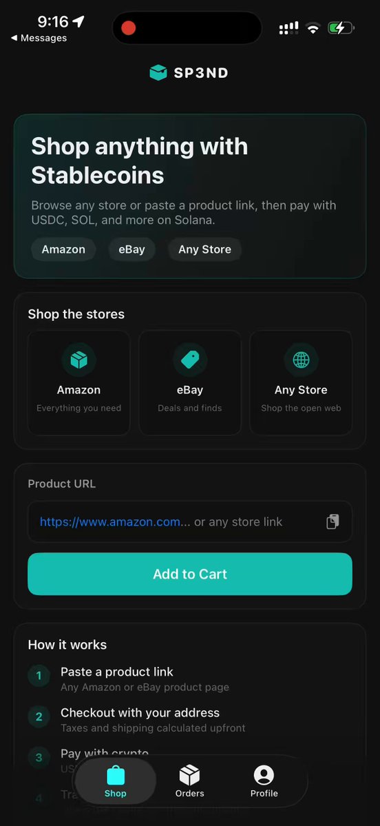 The image shows a cell phone screen displaying a shopping app called "Shop Anything With Stablecoins". The app allows users to shop for products from various stores using stablecoins as payment options, which can be easily converted into fiat currency. The app also provides information about different payment methods and the available payment gateway.