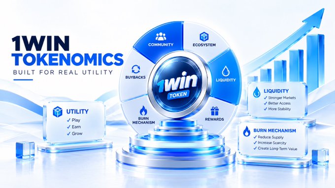 A promotional graphic for '1WIN TOKENOMICS - BUILT FOR REAL UTILITY' showing token categories including Utility, Liquidity, and Burn Mechanism.