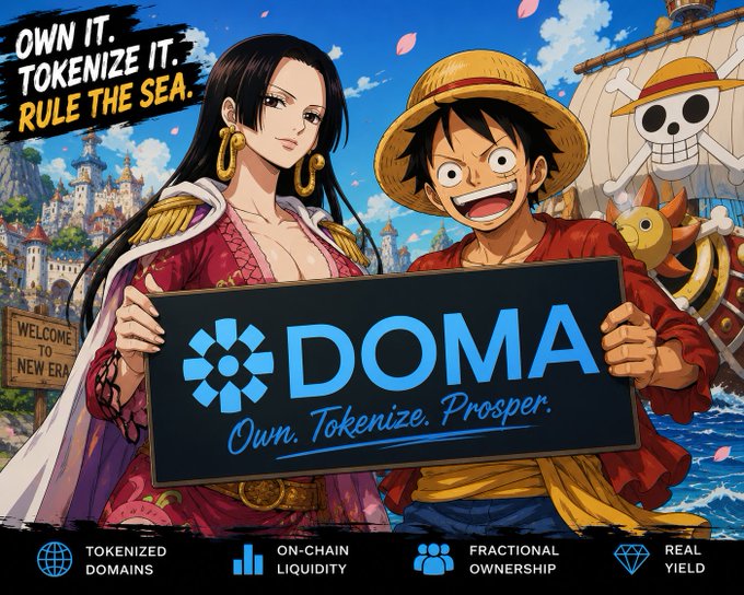 An anime-style promotional image featuring One Piece characters holding a 'DOMA - Own. Tokenize. Prosper.' sign, with text 'OWN IT. TOKENIZE IT. RULE THE SEA.' and features like 'Tokenized Domains' and 'On-Chain Liquidity'.