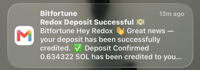 The image shows a Bitfortune push notification confirming a successful deposit of 0.634322 SOL, which aligns with the post's message about manifesting 10 SOL from Bitfortune, suggesting the user is documenting their progress toward that goal.