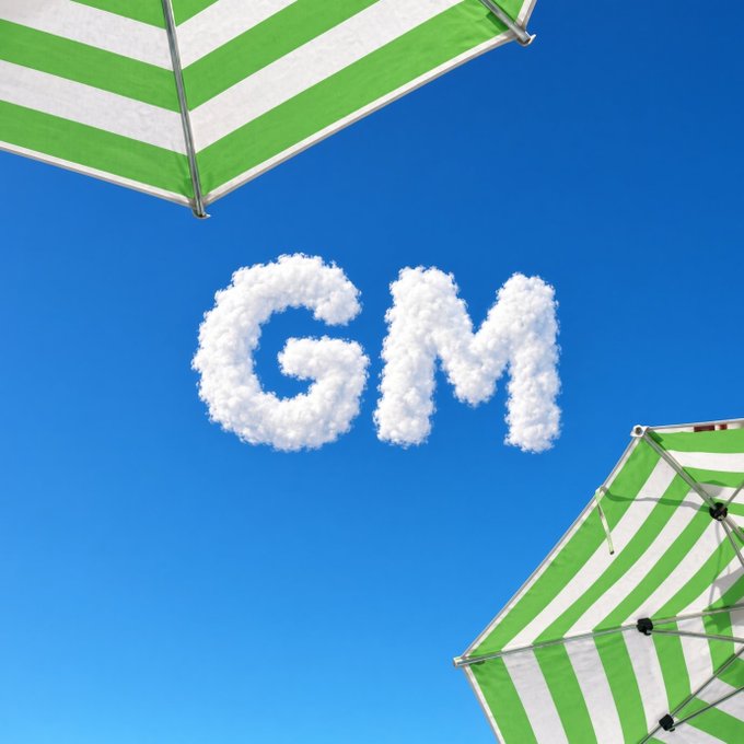 Cloud letters spell "GM" in a blue sky framed by green and white striped beach umbrellas.