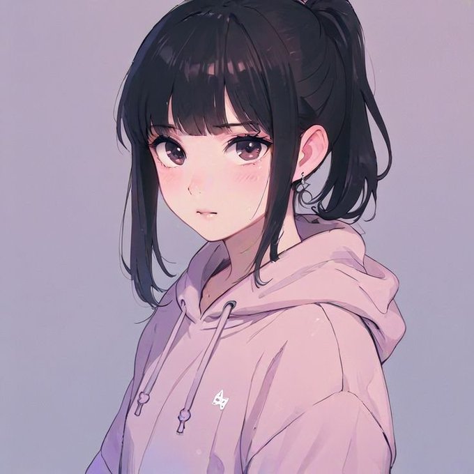 An anime-style digital illustration of a young woman with black hair in a ponytail, wearing a purple hoodie and a small butterfly earring, with a soft pink background.