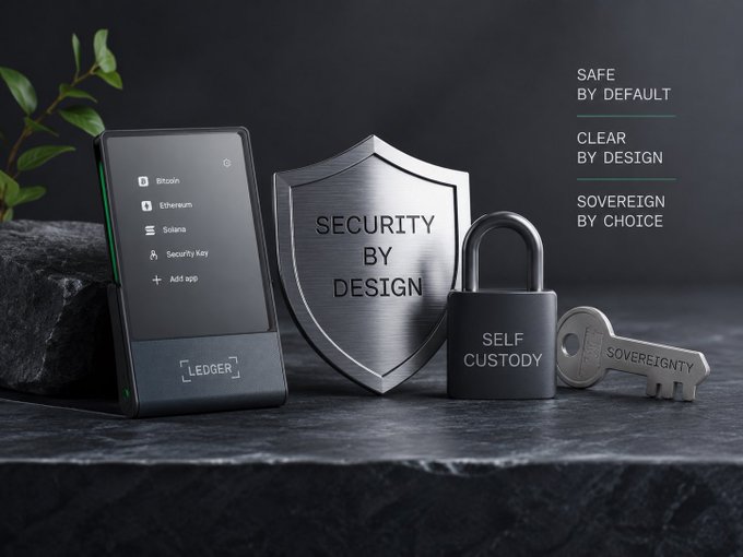 A Ledger crypto hardware wallet displayed next to a metal 'Self Custody' padlock and key, with marketing text reading 'SECURITY BY DESIGN', 'SAFE BY DEFAULT', 'CLEAR BY DESIGN', and 'SOVEREIGN BY CHOICE'.
