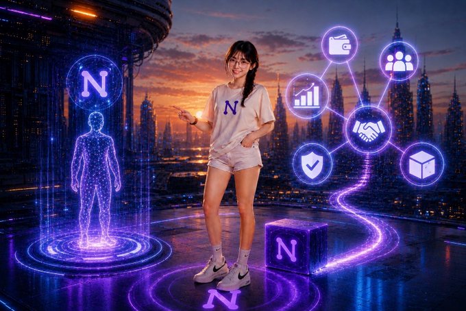 A young woman wearing a white t-shirt with an 'N' logo standing in a futuristic cyberpunk cityscape at sunset, surrounded by holographic icons including a wallet, handshake, shield, and chart.