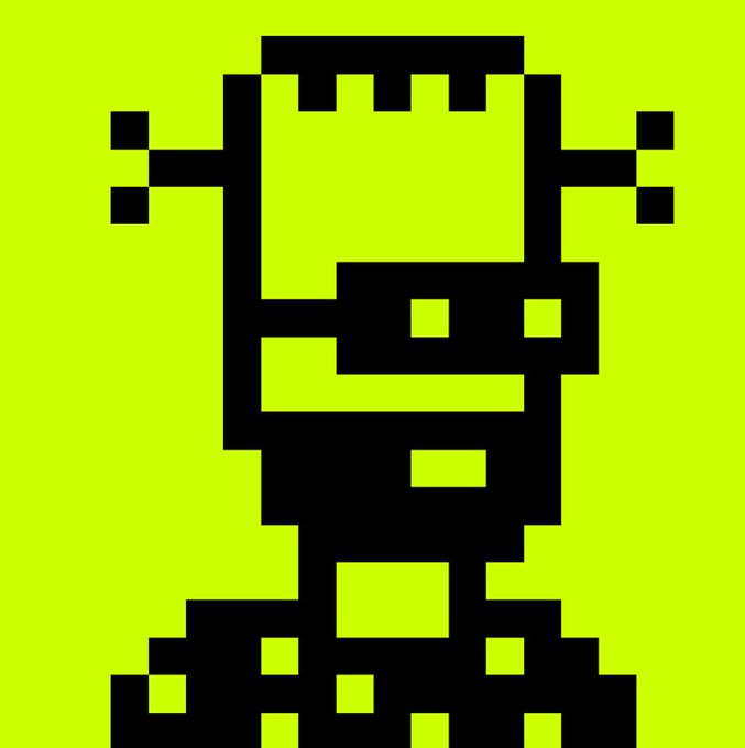 A minimalist black and neon-green pixel art illustration of a smiling humanoid character wearing what appears to be a helmet.