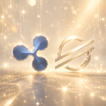 The image shows the 3D metallic logos of XRP (a blue three-pronged symbol) and XLM/Stellar (a gold circular symbol with a diagonal line) set against a sparkling golden, light-filled background, representing the two cryptocurrencies mentioned in the post. The visual emphasizes the connection to the Clarity Act and digital assets like XRP and XLM that are at the center of the Senate debate over Section 5-related law enforcement concerns.