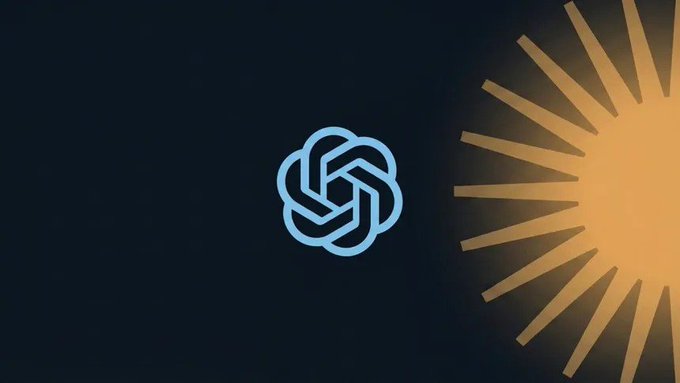 A digital graphic featuring the OpenAI logo on the left and a stylized golden sun emblem on the right, set against a dark blue background.