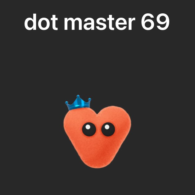A 3D-rendered orange heart character with cartoon eyes wears a small blue crown, displayed on a black background with the white text 'dot master 69' at the top.